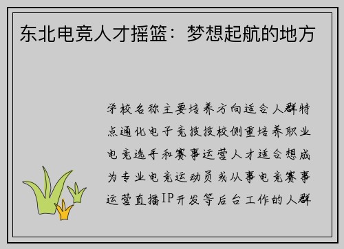 东北电竞人才摇篮：梦想起航的地方